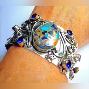 Oyster Copper Turquoise Blue Topaz 925 Sterling Silver Cuff Bracelet